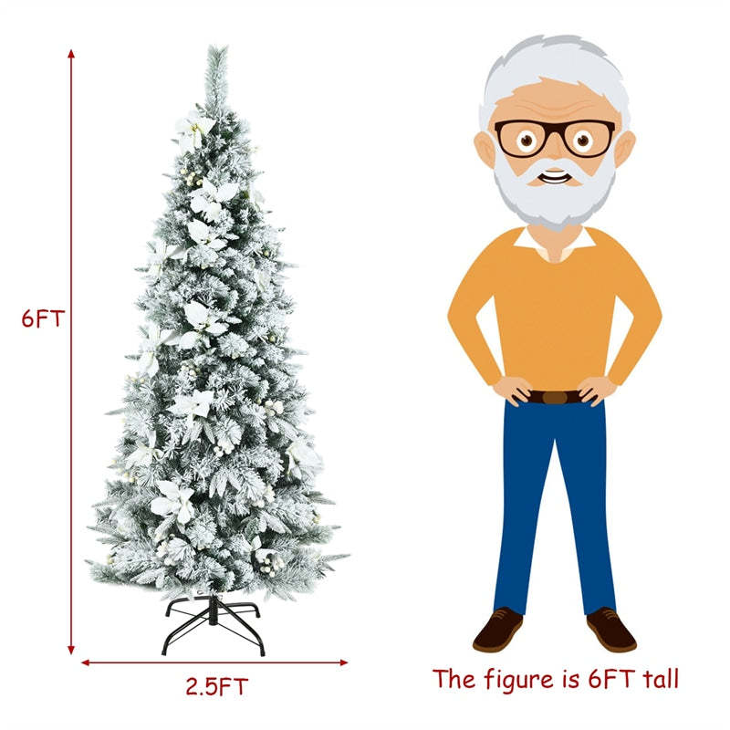 6ft Snow Flocked Pencil Christmas Tree Slim Hinged Xmas Tree with 471 PVC/PE Branch Tips, 300 Berries, Poinsettia Flowers & Folding Metal Stand