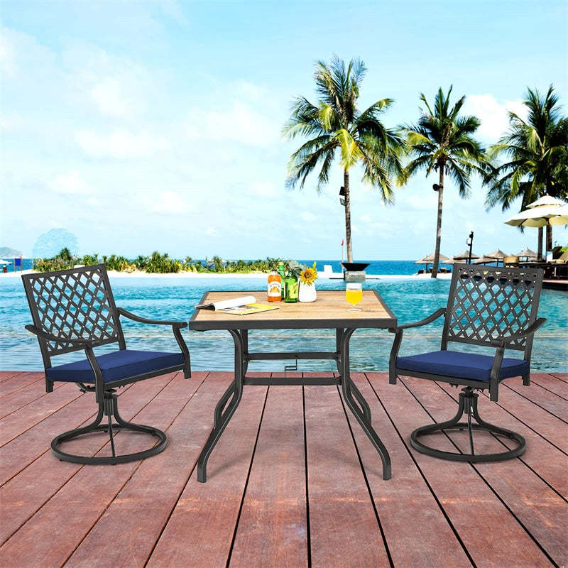 Swivel Patio Dining Chairs Set of 2, Metal Frame Lattice Outdoor Chairs 360 Rotation with Cushions & Curved Armrests for Porch Lawn Garden Yard