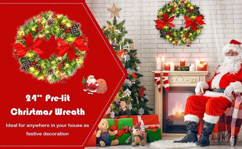 Pre-lit Snow Flocked Christmas Wreath with 50 LED Lights