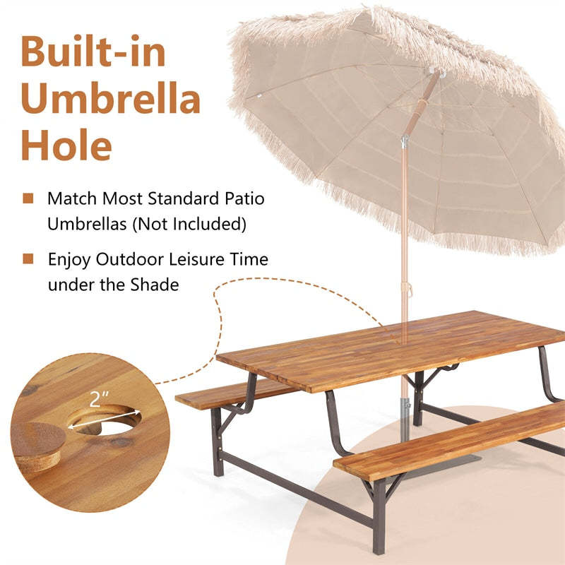 Acacia Wood Patio Picnic Table Bench Set Outdoor Dining Table with Umbrella Hole & Benches