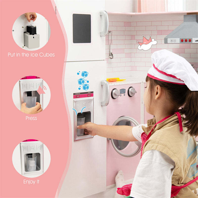 Pink Kids Corner Kitchen Playset, Wooden Pretend Play Kitchen Toy Set with Lights, Washer, Range Hood, Microwave, Oven, Utensils, Apron & Chef Hat