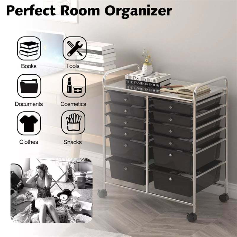 12-Drawer Rolling Storage Cart, Multipurpose Organizer Cart with Lockable Casters, Mobile Utility Cart for School Office Beauty Salon