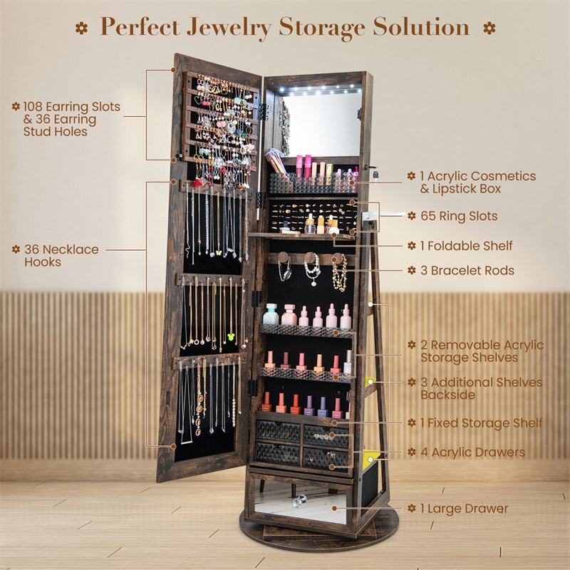 360° Swivel Jewelry Cabinet Armoire, Full-Length Mirror with LED Lockable Jewelry Organizer, Hairdryer Holder, Drawer, Rear Storage Shelves