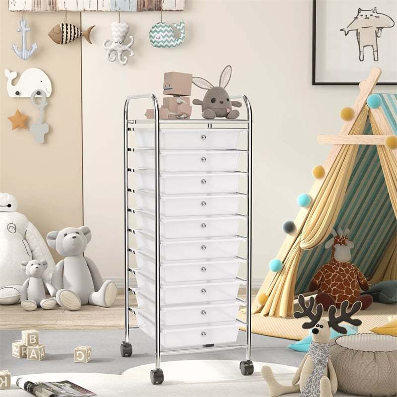 10-Drawer Rolling Storage Cart, Utility Cart with Drawers & Lockable Wheels, Mobile Art Craft Drawer Cart for Home Office, School