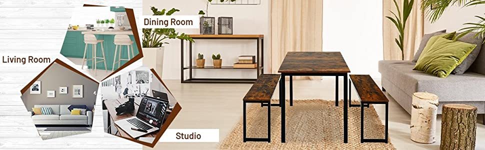 3-Piece Wood Patio Kitchen Dining Table Set with 2 Benches