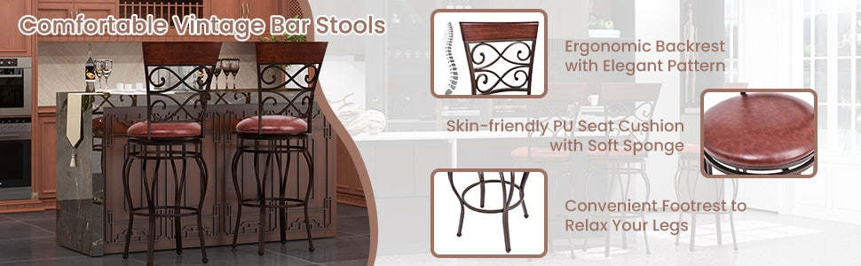 360° Swivel Bar Stools Set of 2, 30" Bar Height Barstools Leather Padded Seat Bistro Dining Kitchen Pub Metal Chairs with High Back