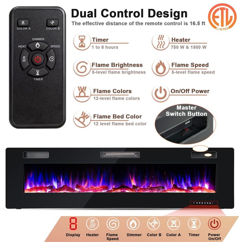 68 Inch Ultra-Thin Electric Fireplace Insert Recessed Wall Mounted Fireplace with Remote Control Crystal Log Decoration