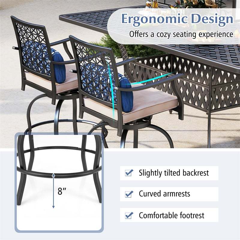 Outdoor Swivel Bar Stools Set of 2, Heavy Duty Metal Counter Height Patio Chairs with Soft Cushions, Lumbar Pillows & Cozy Armrests for Backyard