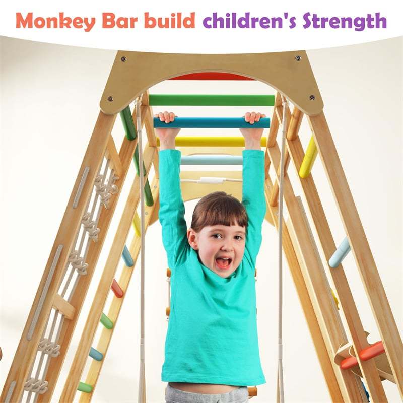 8-in-1 Kids Indoor Jungle Gym, Wooden Montessori Playground Climbing Playset with Slide, Swing, Monkey Bars, Rope Ladder for Boys & Girls