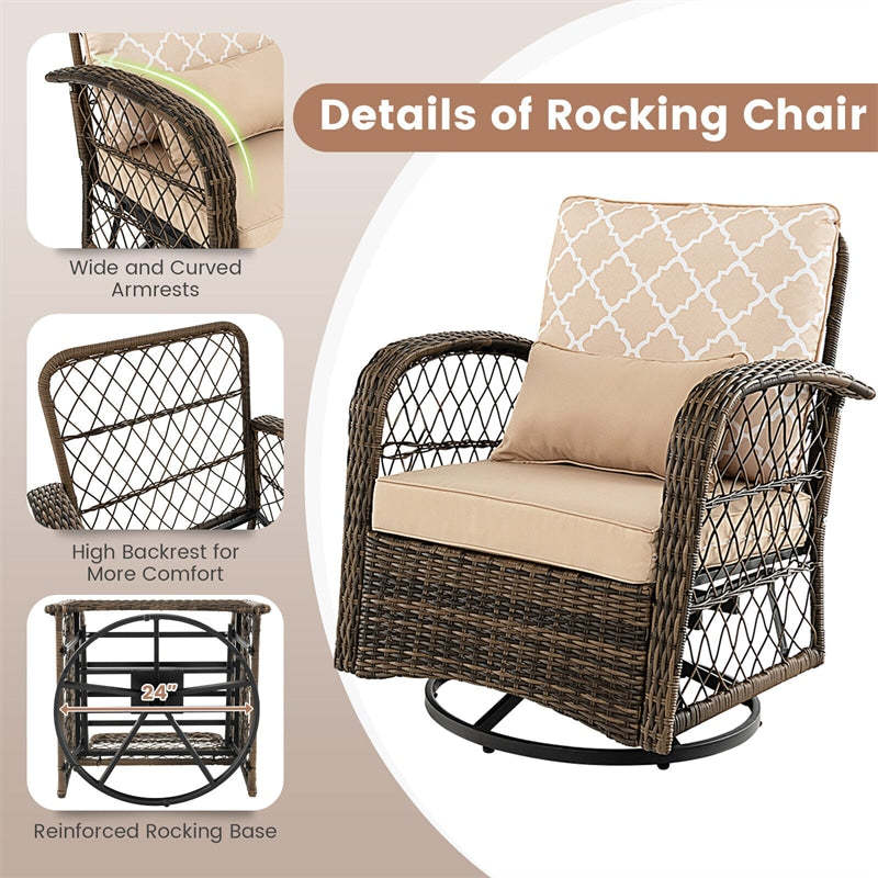 3-Piece Wicker Swivel Rocker Set, Outdoor Rocking Chairs with Cushions & Tempered Glass Table, Rattan Patio Bistro Set for Backyard, Balcony, Porch