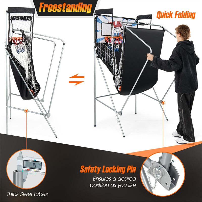 Folding Basketball Arcade Game, Indoor Outdoor Dual Shot Electronic Basketball Game with 8 Game Modes, 4 Balls, LED Scoring for Kids & Adults