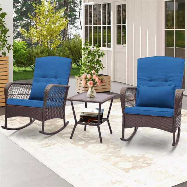 3-Piece Rattan Patio Rocker Set with 2 Rocking Chairs, Tempered Glass Coffee Table & Cushions, Outdoor Bistro Set for Porch, Poolside, Backyard