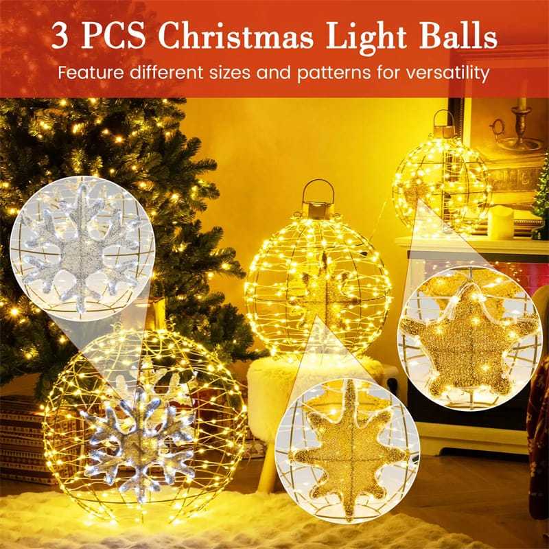 3-Pack Christmas LED Lighted Sphere Balls, Pre-Lit Lantern Balls with 732 Lights, Zip Ties & Ground Stakes, Tree Globe Lights for Indoor Outdoor Decor