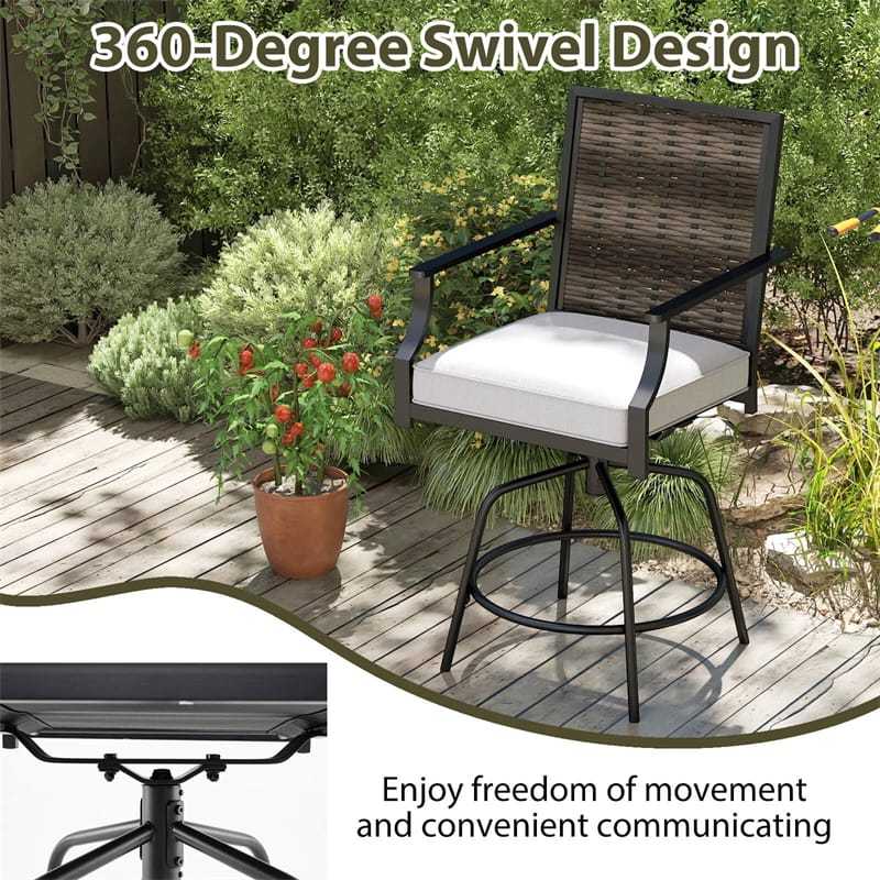 Outdoor PE Wicker Swivel Bar Stools Set of 2, Metal Counter Height Patio Chairs with Back & Cushions for Patio, Backyard & Poolside
