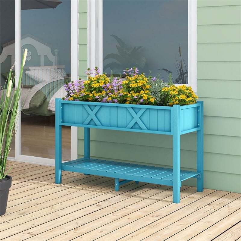 44" HIPS Raised Garden Bed with Legs, Storage Shelf & Drainage Holes, Weatherproof Elevated Planter Box for Backyard, Balcony, Flowers, Herbs