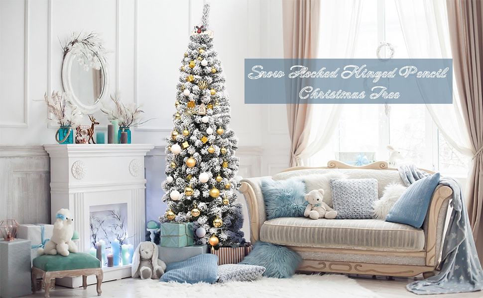 4.5FT Unlit Hinged Snow-flocked Artificial Pencil Christmas Tree with 242 Branch Tips