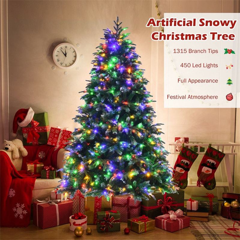 7FT Pre-Lit Artificial Christmas Tree with 450 Multicolor LED Lights, 11 Flash Modes, 1315 Branch Tips, 43 Pinecones & Red Berries for Holiday Decor