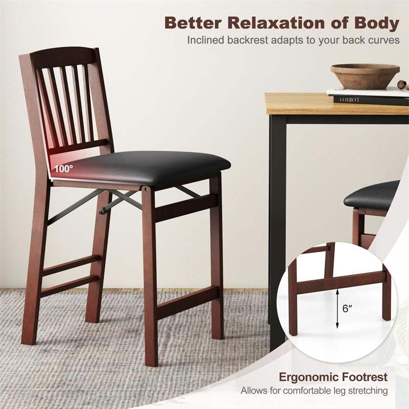 Set of 2 Folding Bar Stools, 24.5" Kitchen Island Counter Height Chairs with Padded Seats, Footrests & Rubber Wood Legs