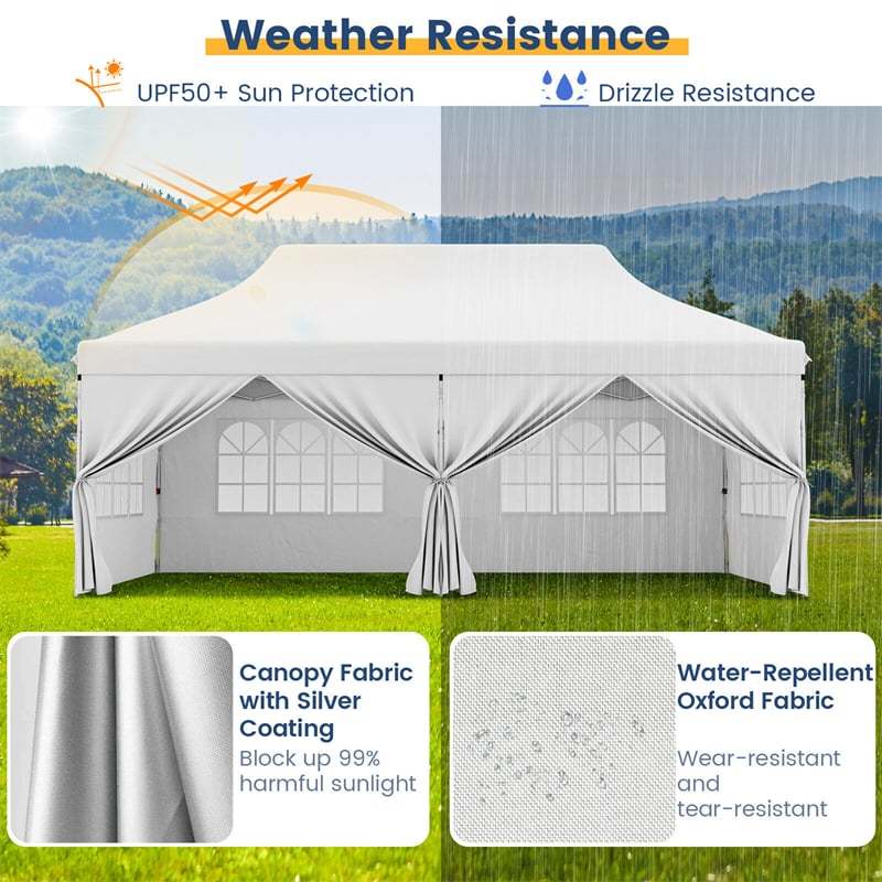 10 x 20 FT Pop Up Canopy Easy Setup Instant Canopy Tent Portable Outdoor Wedding Party Canopy Tent with 6 Sidewalls 2 Zippered Door & Carrying Bag