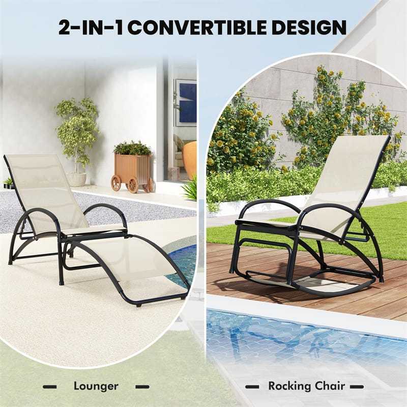 2-in-1 Outdoor Rocking Chair, Convertible Patio Lounge Chair with 4-Position Adjustable Backrest, Curved Armrests & Aluminum Frame for Poolside, Porch