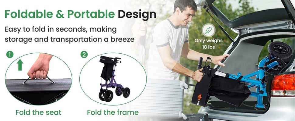 Foldable Rollator Walker for Seniors, Height Adjustable Rolling Walker with Seat, 9.5" Pneumatic Wheels, Storage Bag, Bariatric Rollator 350LBS