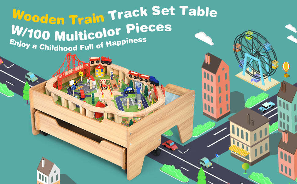Kids Wooden Train Set Table with 100 Multicolor Pieces Activity Table and Storage Drawer