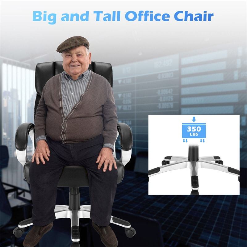Big & Tall Executive Office Chair, 350lbs Capacity, High-Back Leather Desk Chair Adjustable Swivel Chair with Soft Armrests & Lumbar Support