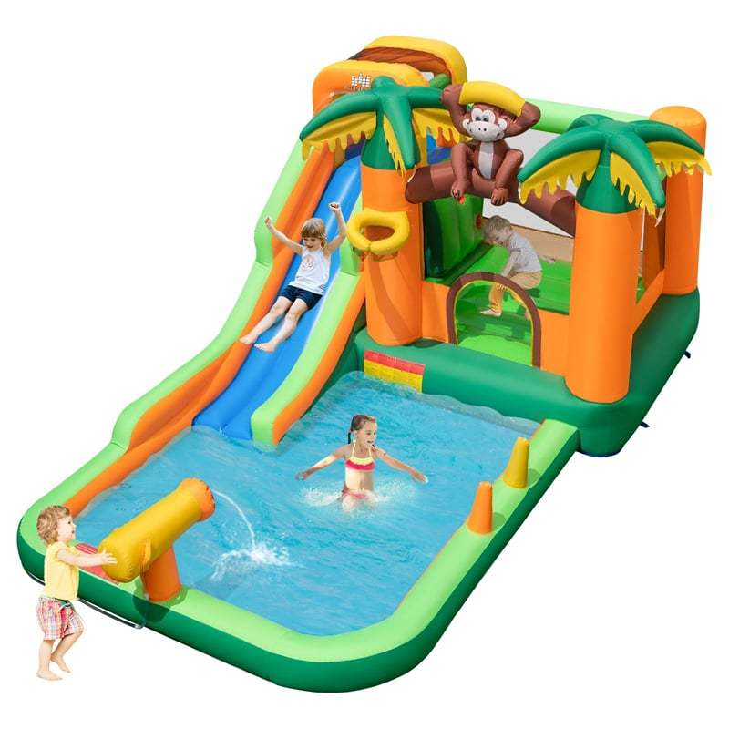 Inflatable Water Slide, 7-in-1 Jungle Monkey Theme Bounce House Water Park with Long Slide, Splash Pool & Climbing Wall for Kids Backyard Party Gifts