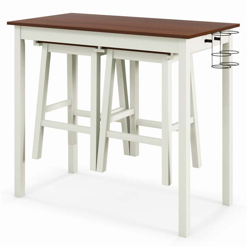3-Piece Bar Table Set Counter Height Dining Set Space Saving Dinette Table with 2 Stools & 2 Wine Holders for Bar Kitchen Living Room