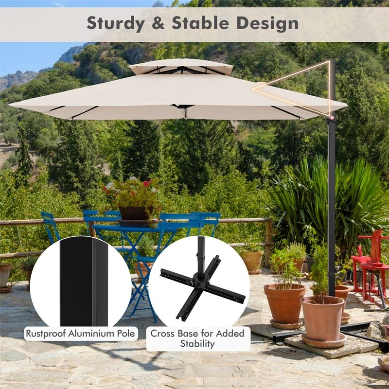 9.5FT Square Double Top Cantilever Umbrella Heavy Duty Offset Hanging Patio Umbrella with 360° Rotation & Cross Base