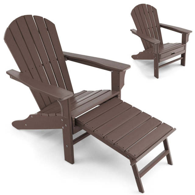 Outdoor HDPE Adirondack Chair, Weather Resistant Fire Pit Chair with Retractable Ottoman & 330 LBS Capacity for Patio, Backyard, Poolside