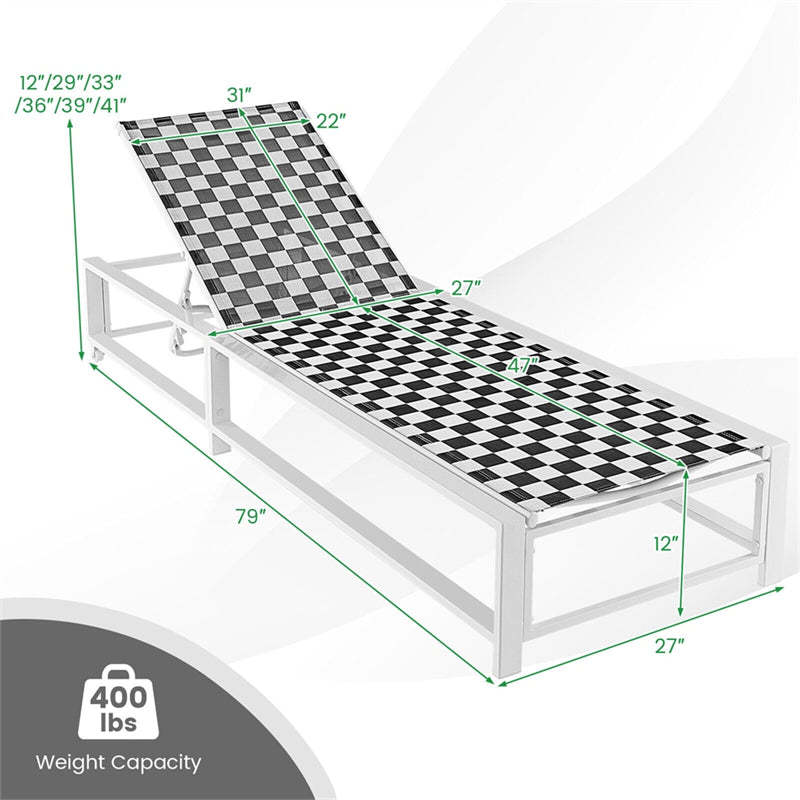 Outdoor Chaise Lounge Adjustable Patio Lounge Chair Metal Frame Garden Reclining Poolside Chair with Breathable Fabric & Wheels
