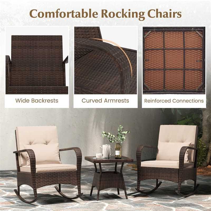 3 Piece Rocking Bistro Set Patio PE Rattan Rocking Chair with Tempered Glass Coffee Table, Back & Seat Cushions, Outdoor Wicker Furniture Set