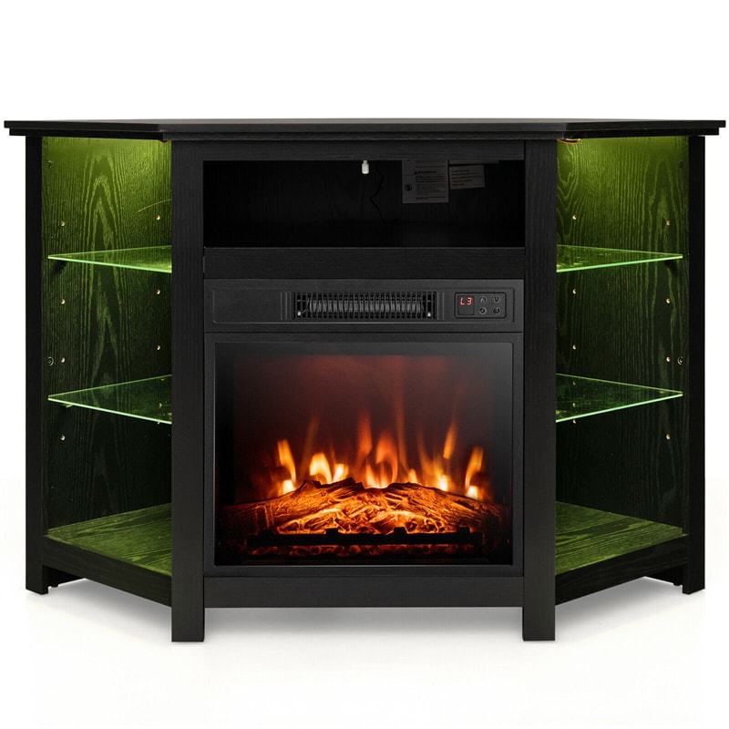 45" Corner Fireplace TV Stand for 50" TVs, Modern Fireplace Entertainment Center with 16-Color LED Lights, Smart APP Control, Adjustable Shelves