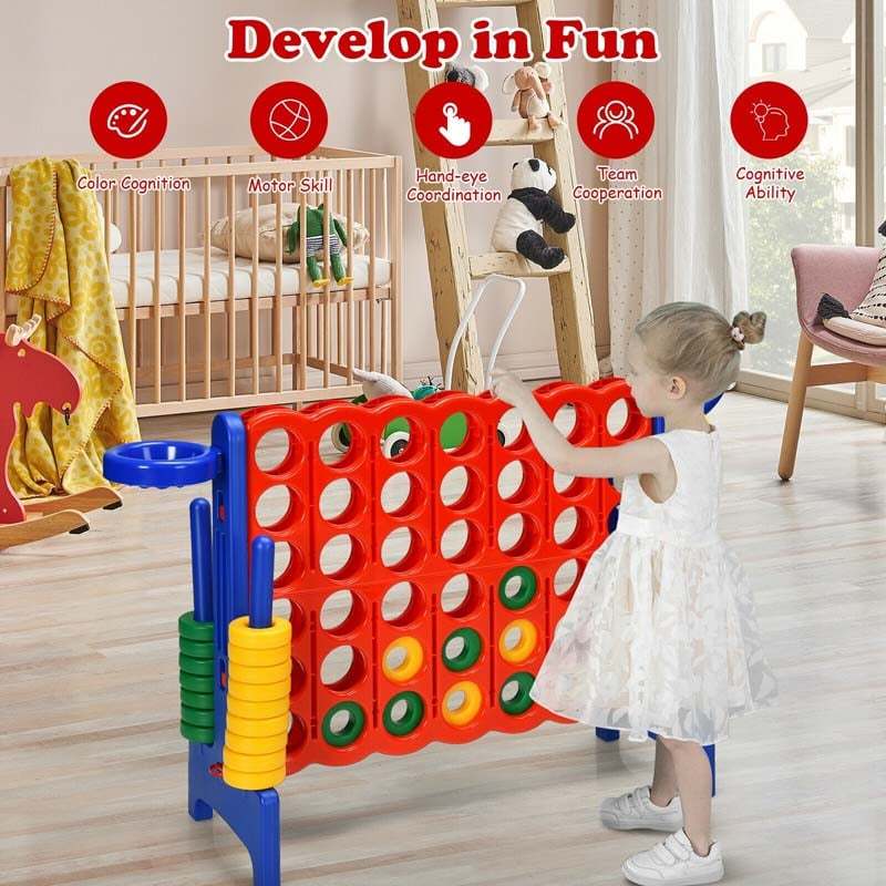 Giant 4-in-A-Row Game Set, Jumbo 4-to-Score Lawn Game with Basketball Hoop, 42 Rings, Quick-Release Slider for Kids & Adults, Indoors Outdoors