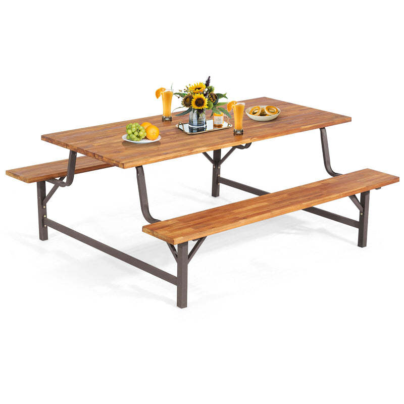 Acacia Wood Picnic Table Bench Set for 4-6 Persons, 6FT Large Camping Table Outdoor Dining Table with Built-in Benches, Umbrella Hole, 800Lbs Capacity