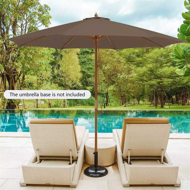 10FT Wooden Patio Umbrella with Rope Pulley Lift, 3 Height Adjustments, 8 Bamboo Ribs, Vented Roof Outdoor Table Umbrella for Poolside, Backyard