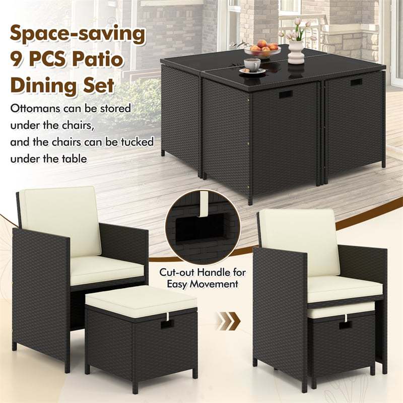 9 Pieces Outdoor Dining Furniture Set Space Saving Wicker Rattan Cushioned Chairs & Tempered Glass Table Patio Conversation Set with Ottomans