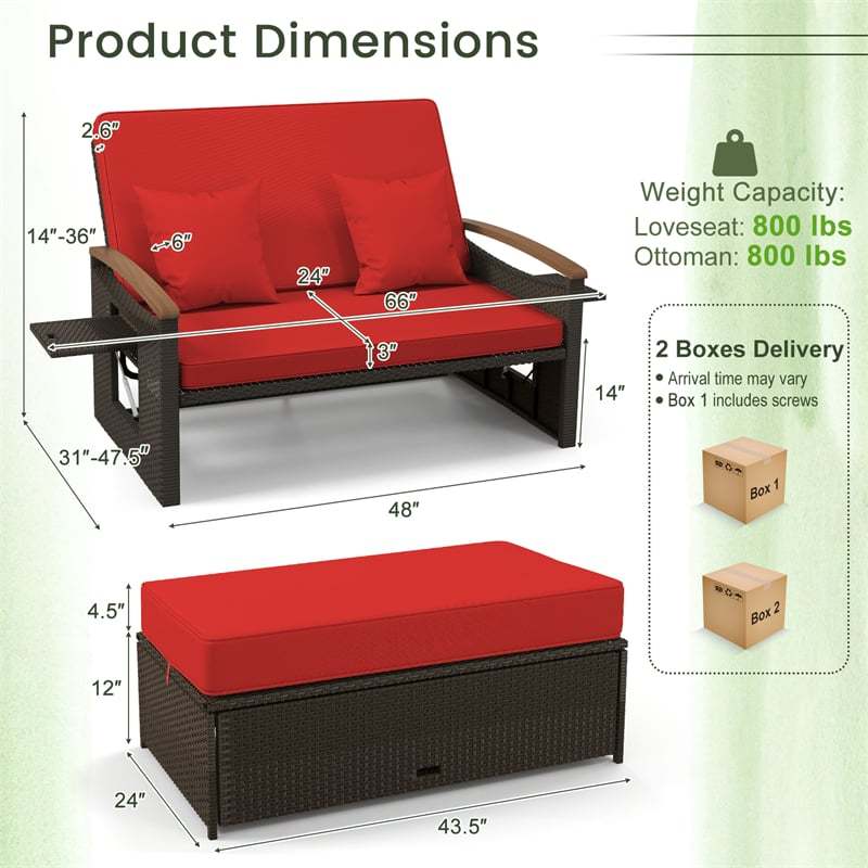 Patio Rattan Daybed Set with Cushioned Loveseat, Storage Ottoman, Retractable Side Tray, Backrest Adjustable Outdoor Double Chaise Lounge