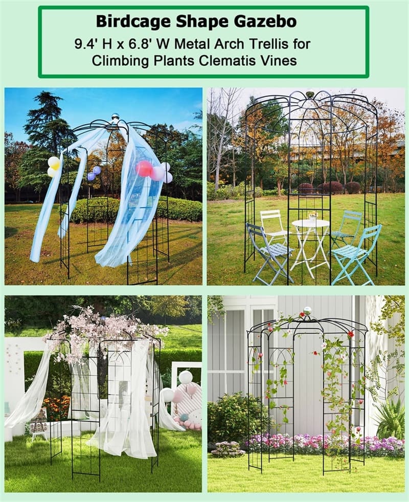 Birdcage Shape Garden Arch 9.4' H x 6.8' W Heavy-Duty Wrought Iron Arbor Trellis French Style Pergola Pavilion for Climbing Plants with Hanging Hook