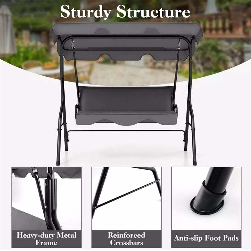 3-Seat Patio Swing with Adjustable Canopy & Removable Cushion, Powder-Coated Steel Frame Outdoor Porch Swing for Backyard, Garden, Balcony