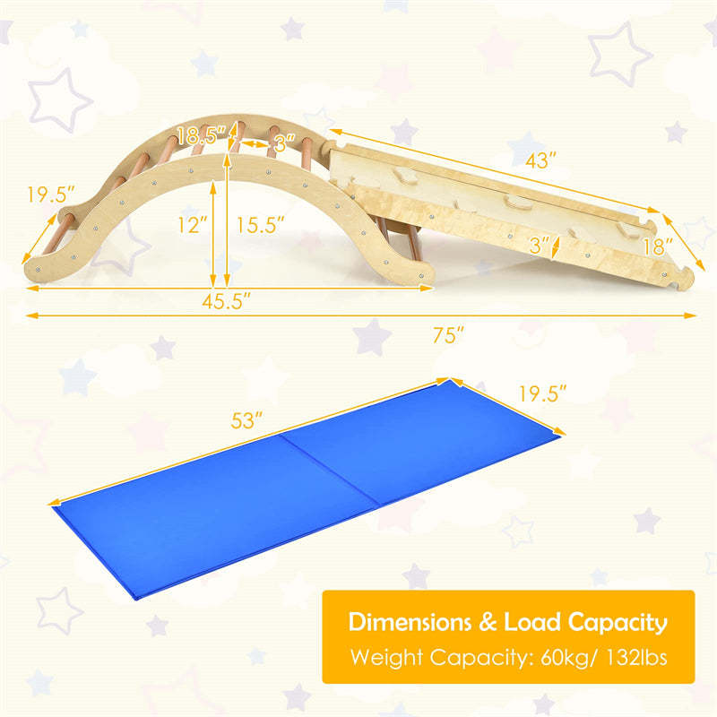 3-in-1 Wooden Montessori Arch Climber Toddler Climbing Toys Climbing Arch Rocker with Ramp & Padding