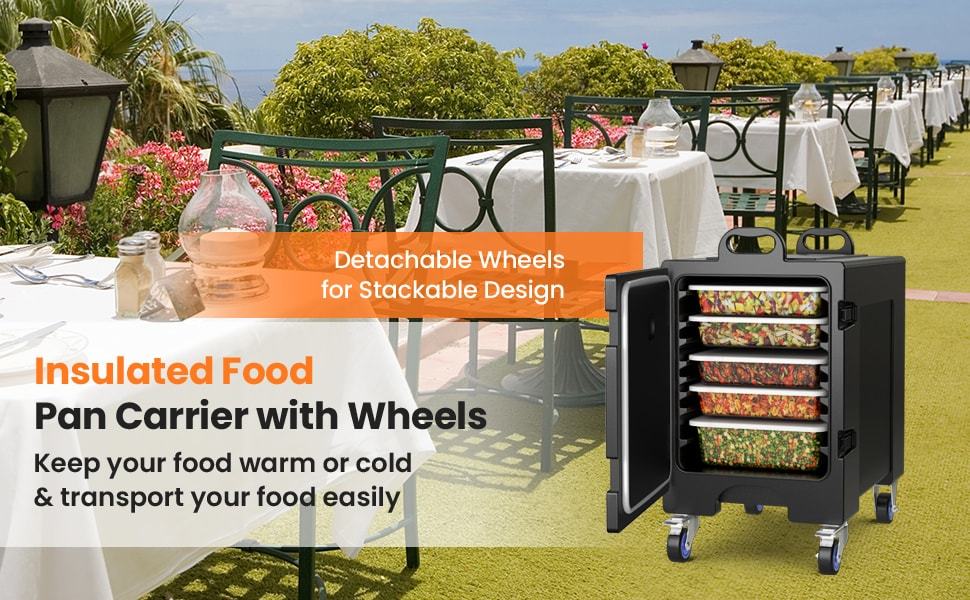 81 Quart End-Loading Insulated Food Pan Carrier for 5 Full-Size Pans, Stackable Food Warmer Hot Box for Catering with Fastener & Wheels