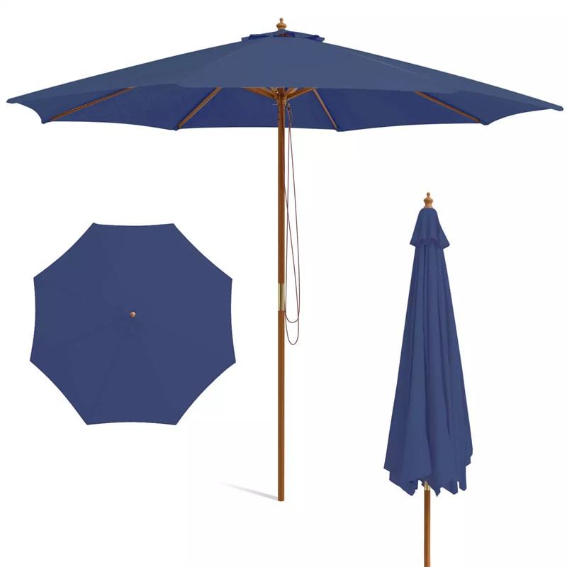 10FT Wooden Patio Umbrella with Rope Pulley Lift, 3 Height Adjustments, 8 Bamboo Ribs, Vented Roof Outdoor Table Umbrella for Poolside, Backyard