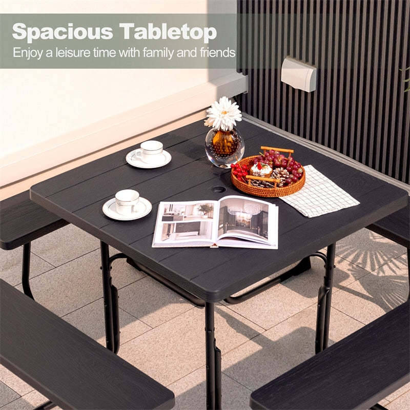 8-Person Picnic Table Set, Square Outdoor Table with 4 Built-in Benches, Umbrella Hole, HDPE Top, Metal Frame, 500LBS Capacity for Garden Patio
