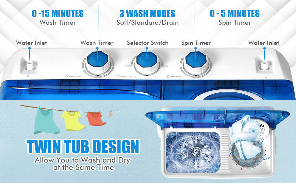 26lbs Portable Washing Machine 2 in 1 Washer and Spinner Combo with Built-in Drain Pump for Home Apartment