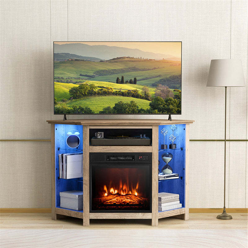 45" Corner Fireplace TV Stand for 50" TVs, Modern Fireplace Entertainment Center with 16-Color LED Lights, Smart APP Control, Adjustable Shelves
