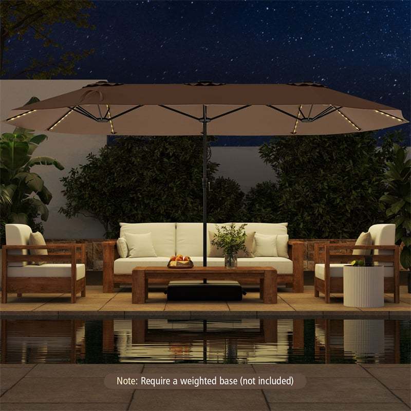 15.5FT Extra Large Patio Umbrella with 144 Solar LED Lights & Crank Handle, 12 Heavy-Duty Ribs Double-Sided Market Umbrella for Deck, Poolside Coffee