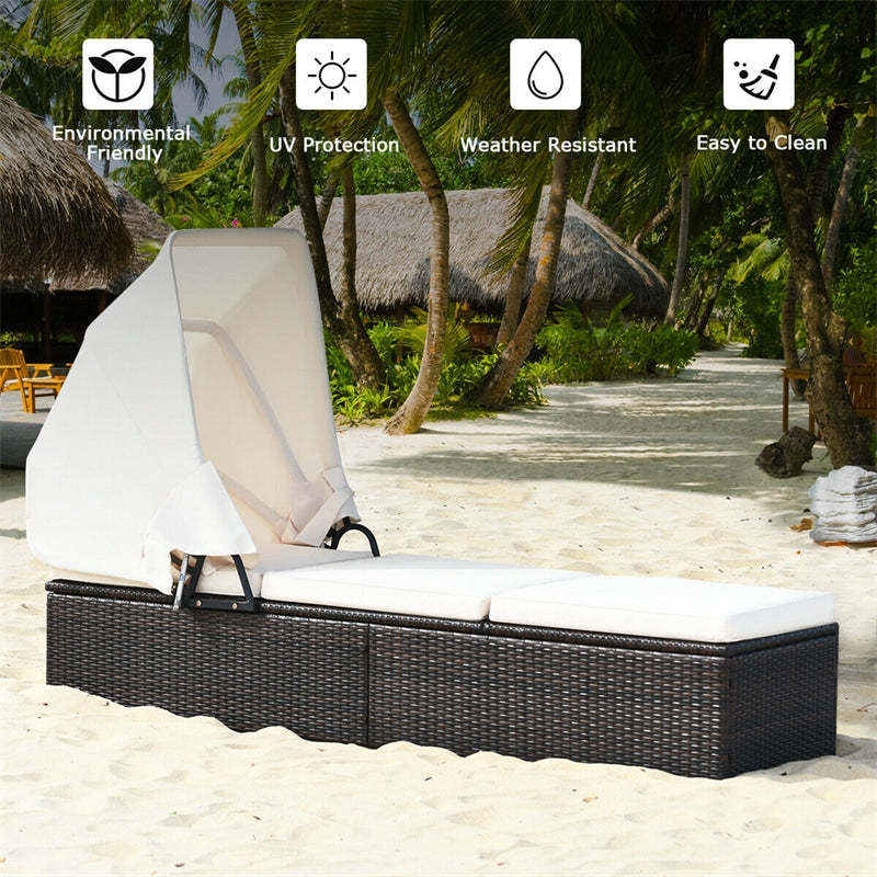Outdoor Rattan Chaise Lounge Chair with Retractable Canopy, Adjustable Backrest Wicker Reclining Sun Lounger w/ Cushions, Flip-up Tea Table