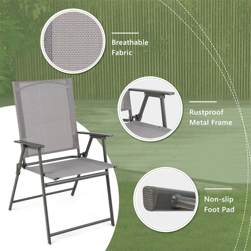 2PCS Outdoor Folding Chairs Weather-Resistant High Back Patio Dining Chairs Metal Frame Portable Chairs with Armrests & Footrest